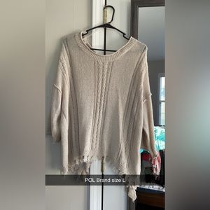 POL tan crew neck frayed 3/4 sleeves sweater open split in back